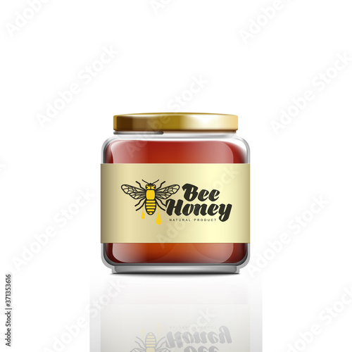 Small jar of natural bee honey - realistic mockup with logo label