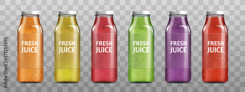 Colorful fresh juice bottle mockup set isolated on transparent background