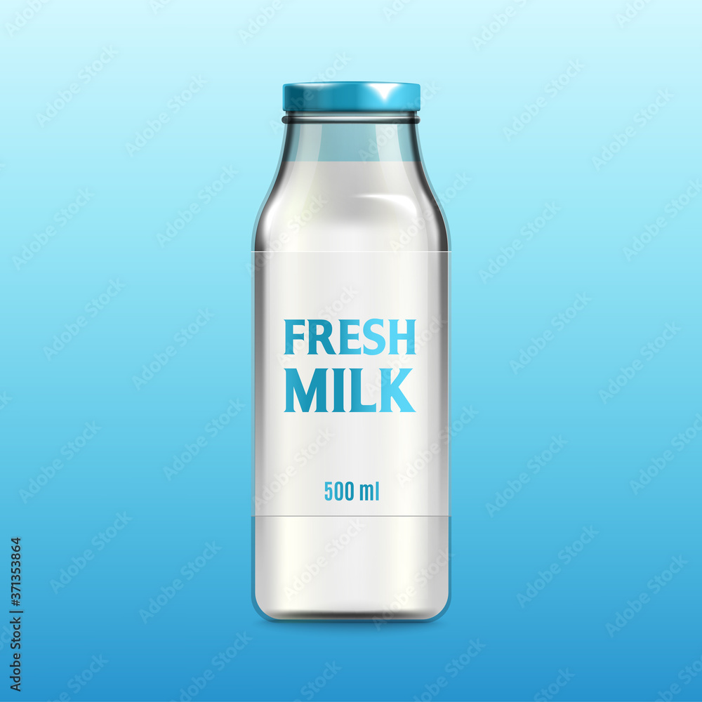 Glass bottle labeled with fresh milk tag 3d realistic vector illustration on blue.