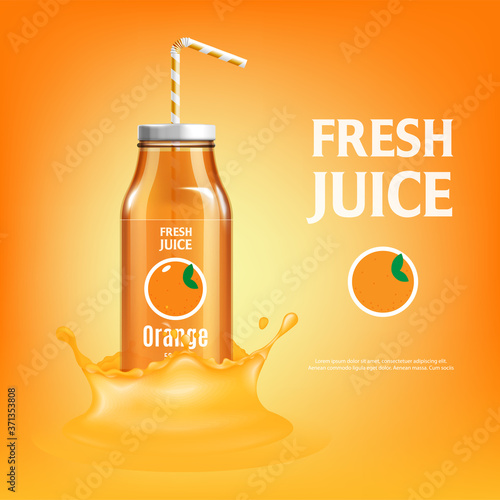 Orange juice ad poster with realistic glass bottle with striped straw
