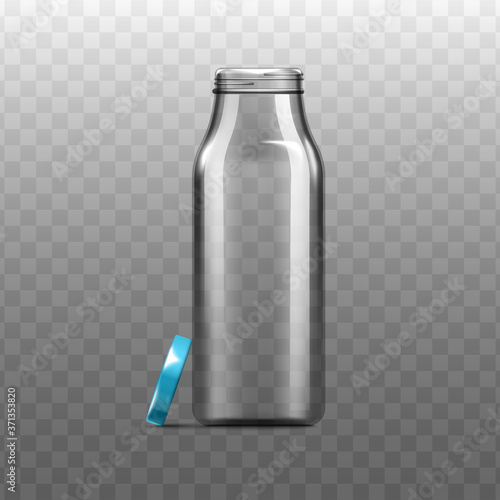 Transparent glass bottle with lid mockup realistic vector illustration isolated.