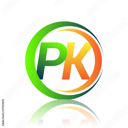 initial letter logo PK company name green and orange color on circle and swoosh design. vector logotype for business and company identity.