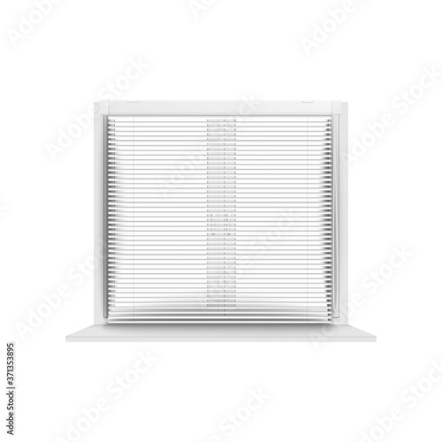 Blank window frame seen through horizontal jalousie blind stripes