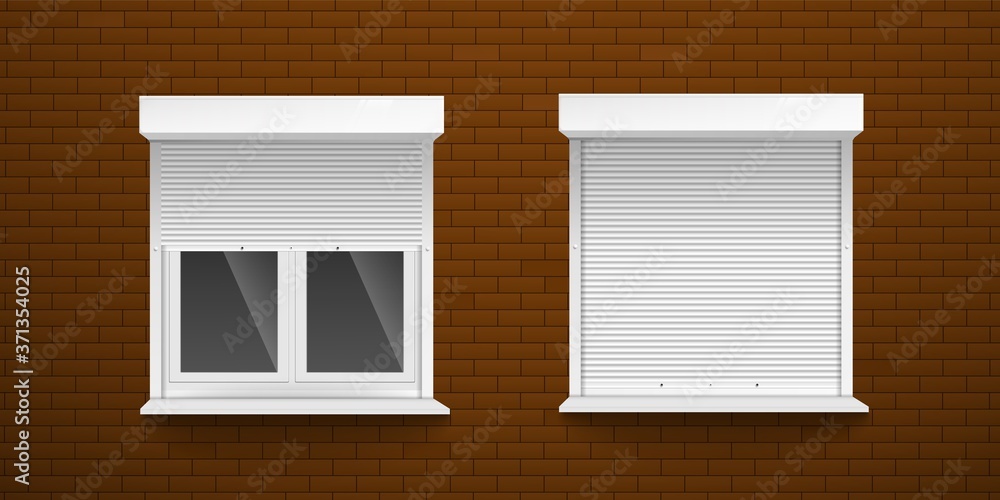 White exterior window blinds on outside brick wall - two realistic windows White exterior window blinds on outside brick wall - two realistic windows