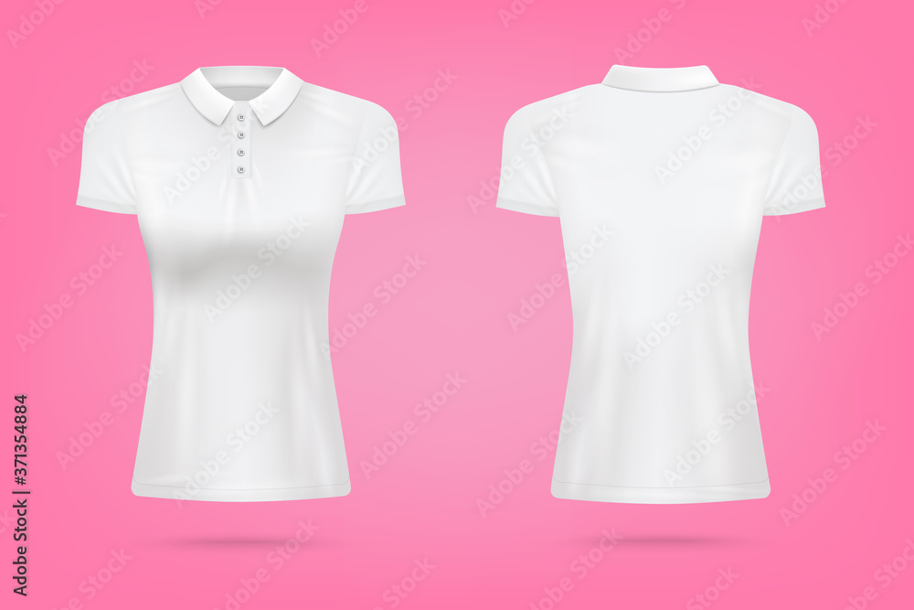 White women's polo T-shirt - realistic blank mockup on pink background. White women's polo T-shirt - realistic blank mockup on pink background.