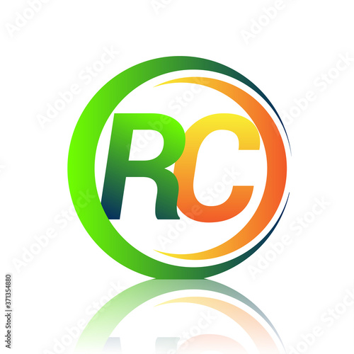 initial letter logo RC company name green and orange color on circle and swoosh design. vector logotype for business and company identity.
