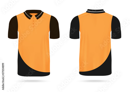 Realistic blank yellow and black polo shirt mockup from front and back view