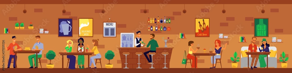 Cartoon people having conversation in cafe - modern bar interior panorama Cartoon people having conversation in cafe - modern bar interior panorama