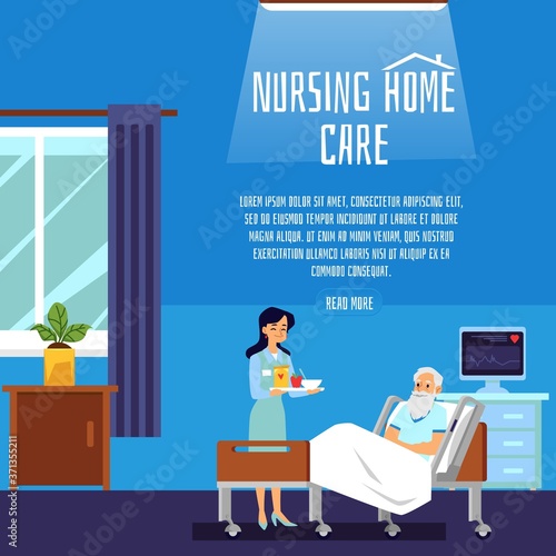 Nursing home patient care poster template - nurse giving food to senior man