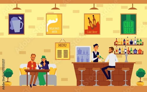 Cartoon couple having a drink in cafe - modern bar interior banner
