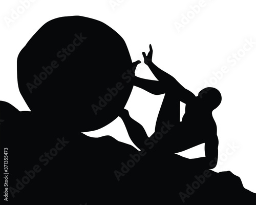 Silhouette of man pushing big boulder uphill on white background. Concept of fatigue, effort, courage.