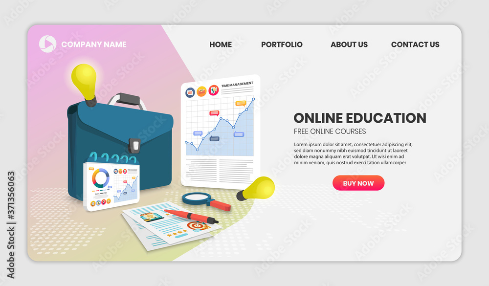 online education concept with document and Briefcase Vector 3d.