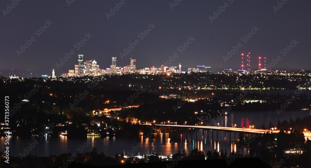 night view of Seattle and bridge