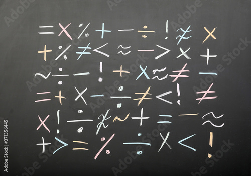 Mathematical symbols written on blackboard