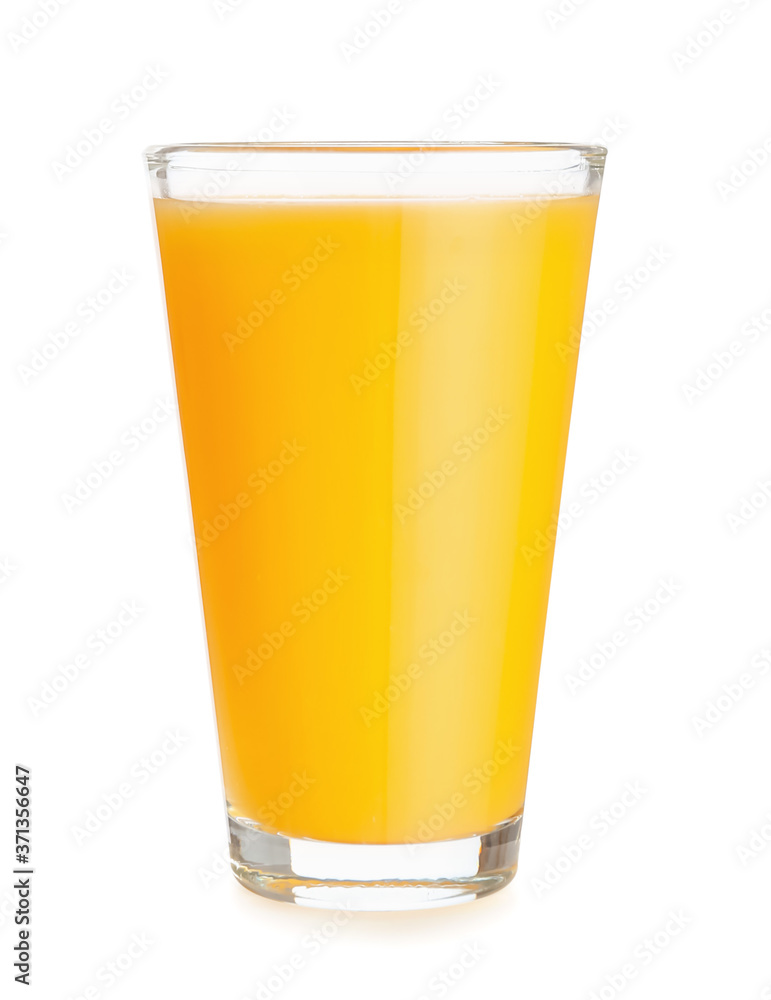 Glass of fresh orange juice on white background