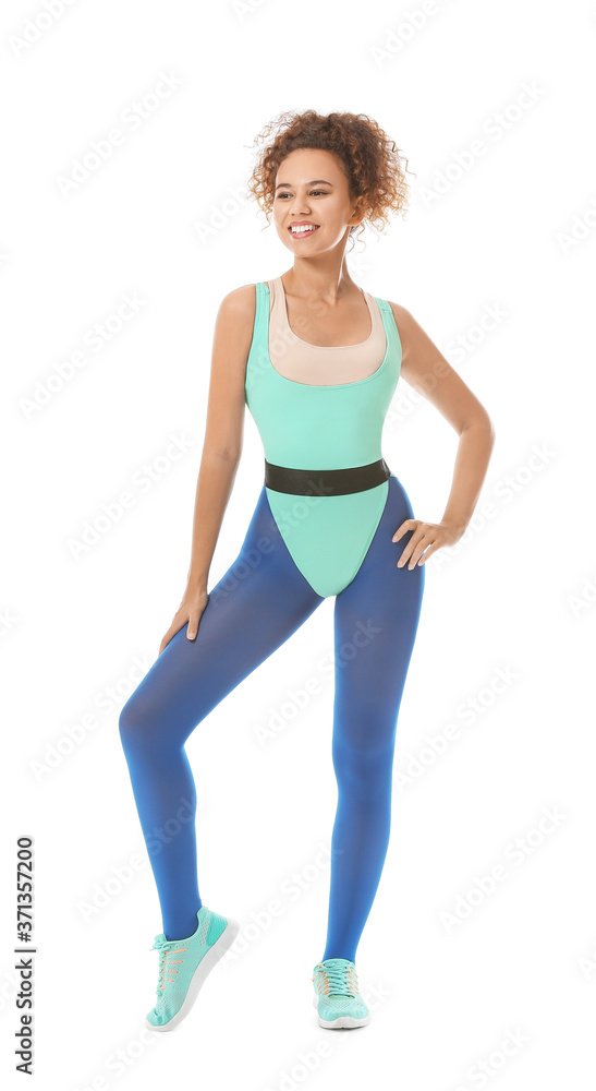 Young woman doing aerobics on white background Young woman doing aerobics on white background