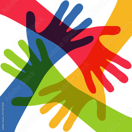 four people stretch out their hands