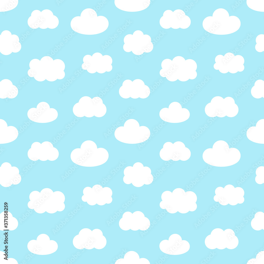 Blue sky with cute clouds in different shapes vector seamless pattern background.
