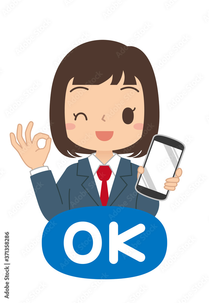 OKサインでスマホを持つ女の子のアイコン　高校生　中学生　イラスト
