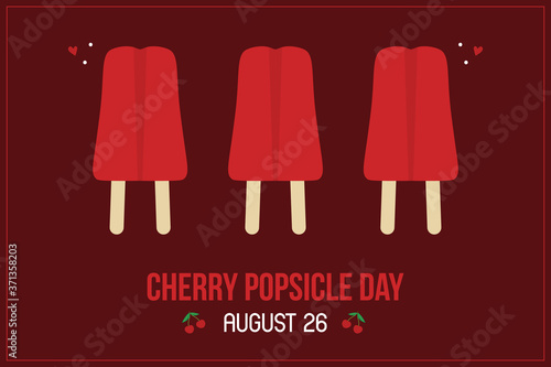 National Cherry Popsicle Day card, illustration with red cherry popsicles, ice cream seamless pattern background.

