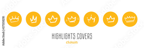 Set, collection of round, circle icons with crowns for social media stories, highlights covers. 