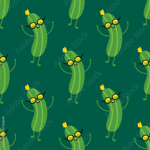Vector seamless pattern background with cute cucumber cartoon character in colorful sunglasses, smiling, having fun, dancing.