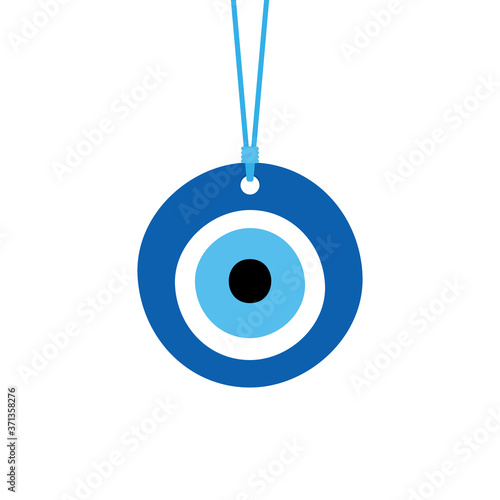 Nazar amulet, evil eye protection talisman. Turkish blue eye-shaped amulet on a rope, string. 