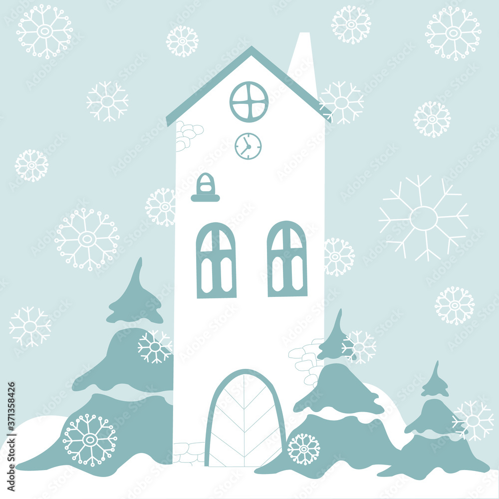 Vector christmas illustration with house, tree and snowflakes for for cute postcard, logo, invitations, greeting cards, business card Vector christmas illustration with house, tree and snowflakes for for cute postcard, logo, invitations, greeting cards, business card