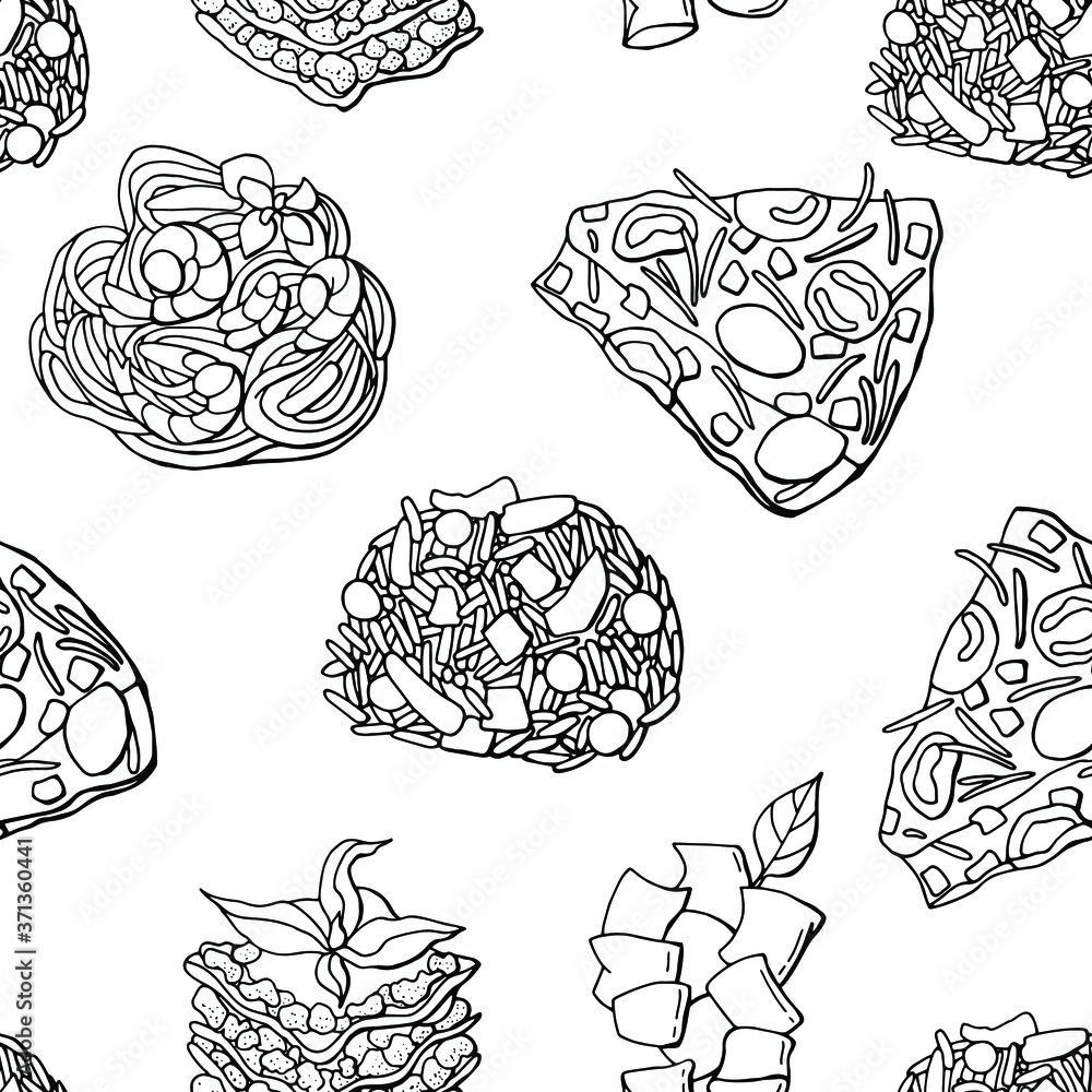 Seamless Italian food pattern. Lasagna, frittata, pasta, risotto, gnocchi.  Line art. Stock illustration. Design of wallpapers, fabrics, textiles, packaging.	