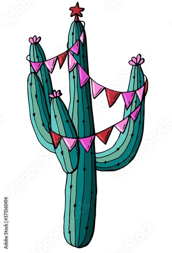 Cactus decorated with New Year's garlands. White background, isolator. Cartoon style. Stock illustration.