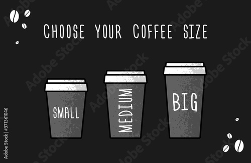 Choose your coffee size. Vector flat illustration. Coffee shop or store advertising banner layout.