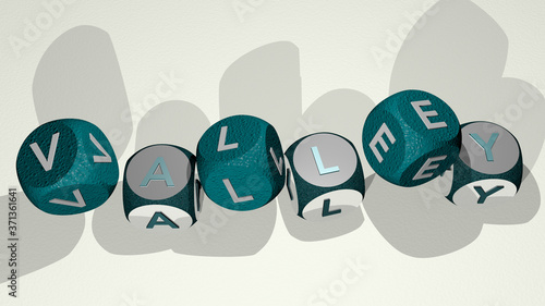 valley text by dancing dice letters - 3D illustration for landscape and mountain