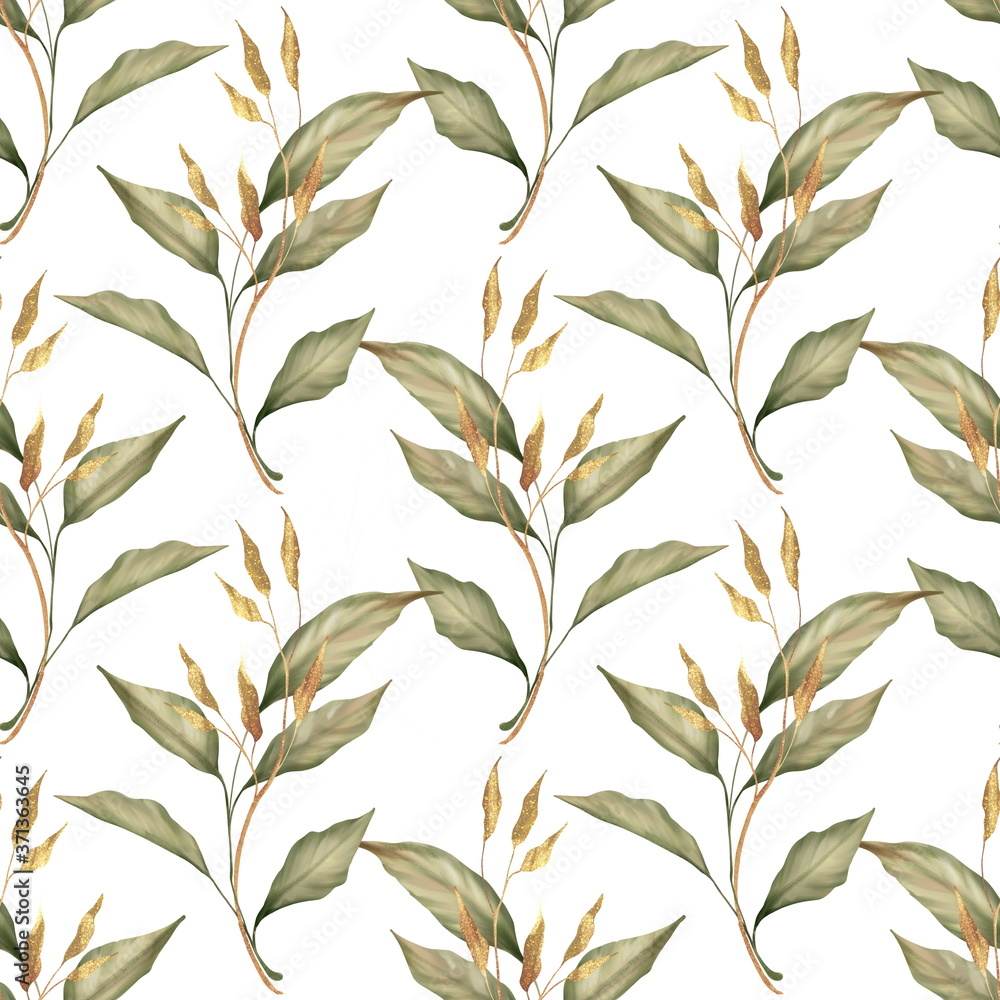 Seamless floral pattern with green and gold leaves on white background Seamless floral pattern with green and gold leaves on white background