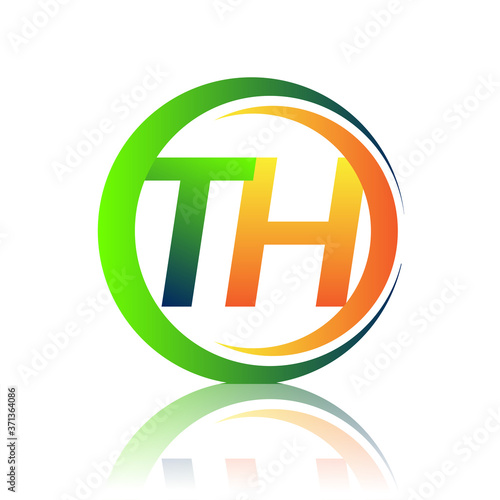 initial letter logo TH company name green and orange color on circle and swoosh design. vector logotype for business and company identity.