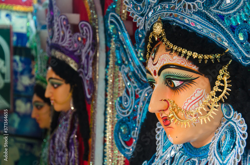 Goddess mother Durga beautifully decorated just before Durga puja festival © Debashis