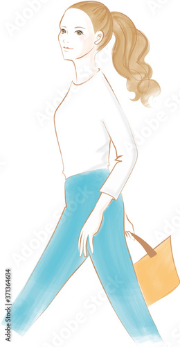 爽やかに闊歩する女性水彩風ベクターイラスト