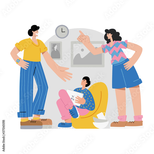 Father and mother scold a teenage boy, conflict with parents. A teenage boy ignores his parents. Quarrel between parents and teenager. 