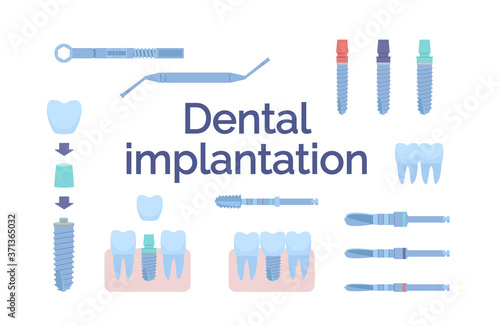 Dental tools for dental implants. Medical metal and titanium. Vector illustration, in a flat style. Poster to the clinic, image for instructions for dentists, training books. Isolated on white.