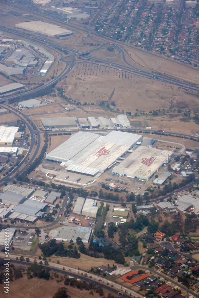 Aerial shot of industrial buildings