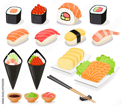 Sushi collection Asia food icons. Vector illustrations.