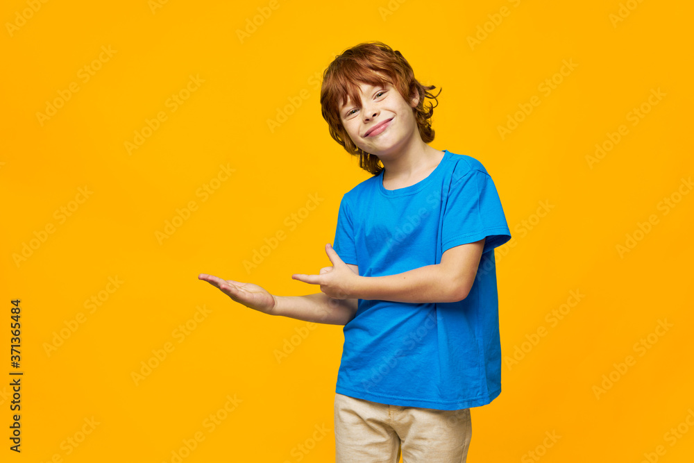red-haired child freckles show with hands to the side and smirk on the face red-haired child freckles show with hands to the side and smirk on the face