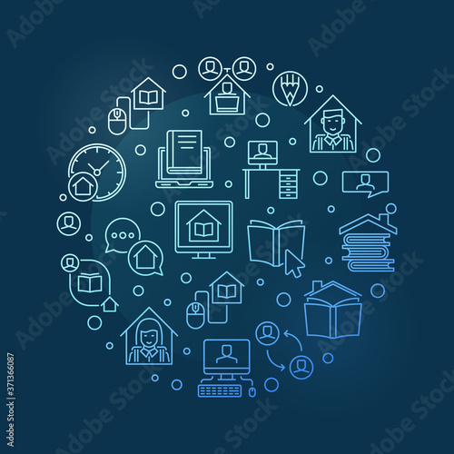 Homeschooling concept vector line blue round illustration on dark background