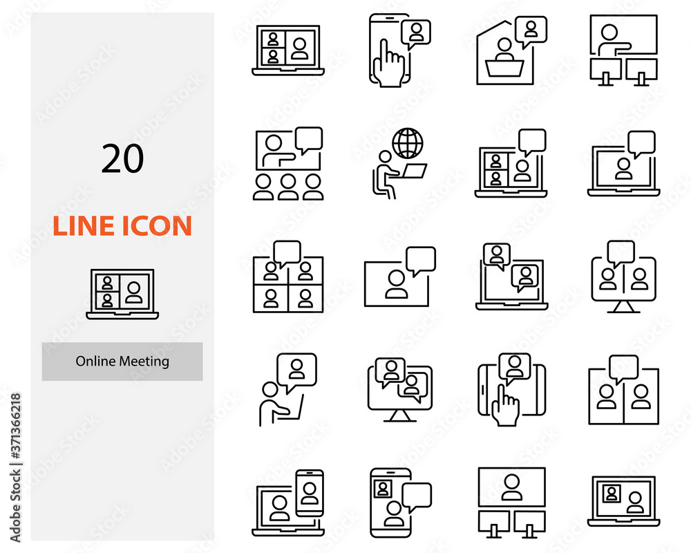 set of video conference icons, online meeting, work at home, online education - obrazy, fototapety, plakaty 