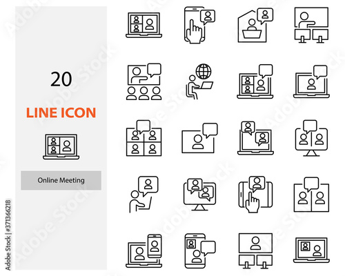set of video conference icons, online meeting, work at home, online education
