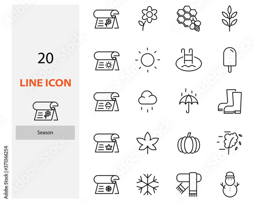set of season thin line icons, winter, rainny, summer, autumn, spring