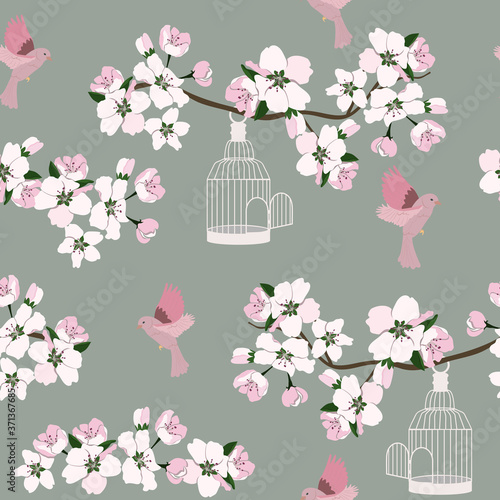 Seamless vector illustration with blooming cherry,birds and cage