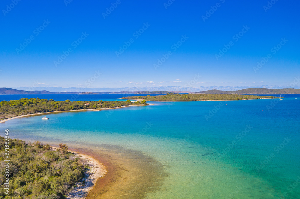 Amazing seascape on Adriatic sea, archipelago and beaches of Dugi Otok island in Croatia, aerial view from drone.