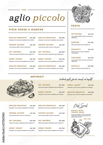 Restaurant vertical menu template. Italian cafe identity. Pasta and bruschetta. Minimalist style. Engraved illustrations. Vector illustration