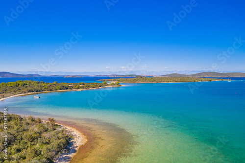 Amazing seascape on Adriatic sea, archipelago and beaches of Dugi Otok island in Croatia, aerial view from drone.