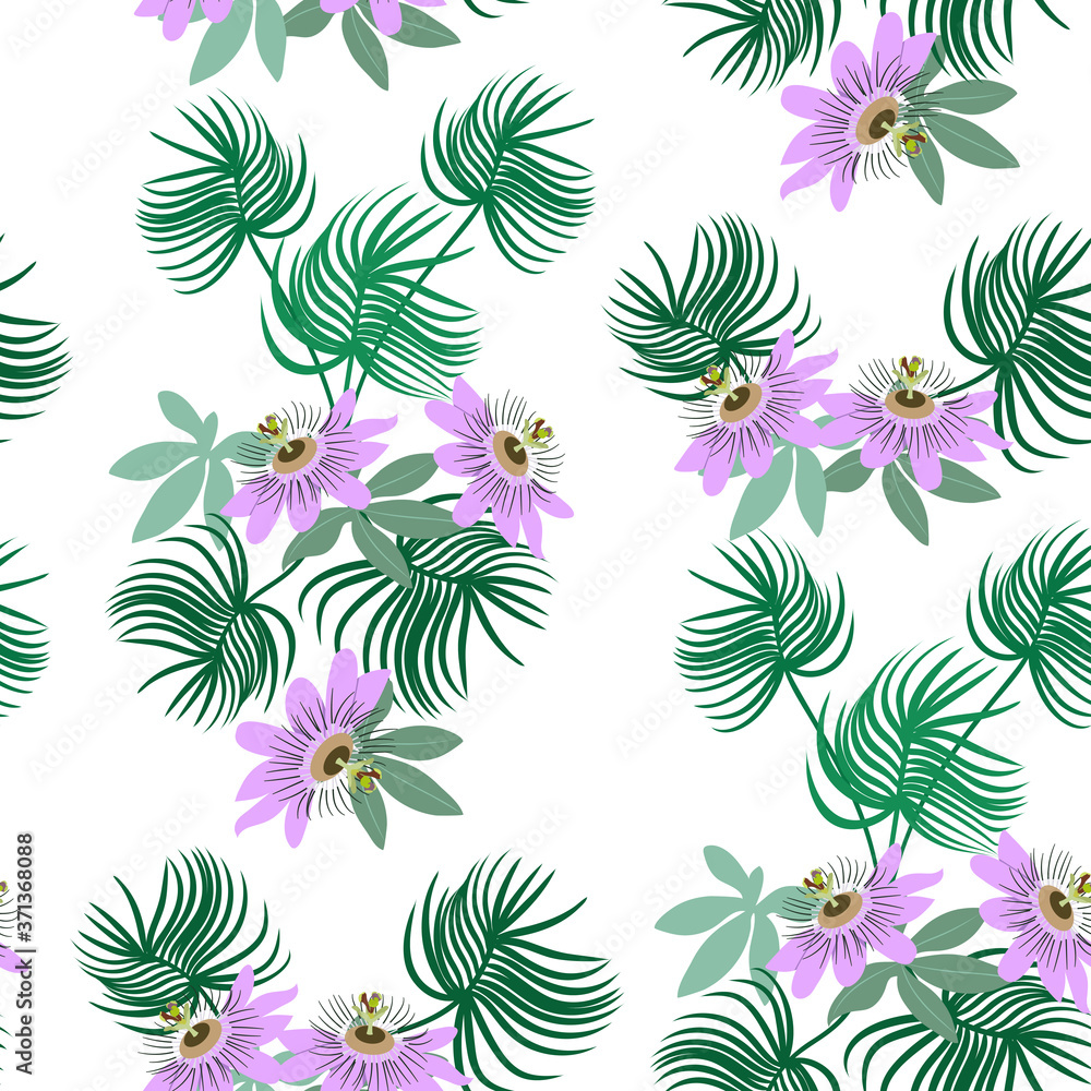 Seamless vector illustration with passiflora flowers and tropical leaves